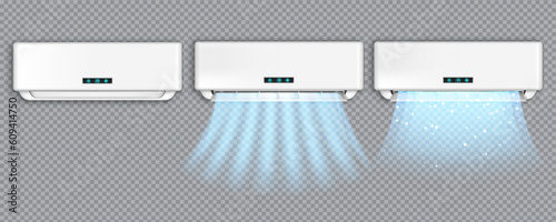 Air conditioner. Cold wind condition, wave flow, cool breeze in home room, white cooler. Ventilation conditioning system, electrical equipment. 3d element. Climate control vector illustration