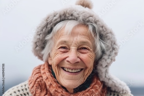 Portrait of smiling senior woman in winter hat and scarf looking at camera