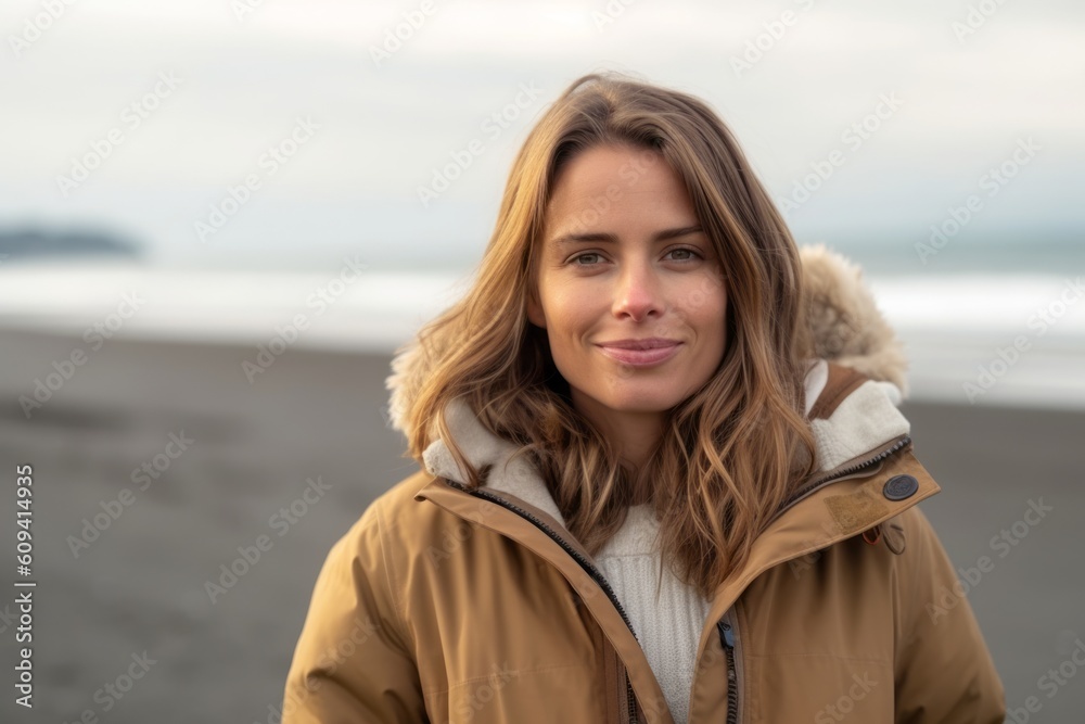 Portrait of a beautiful young woman standing on the beach in winter
