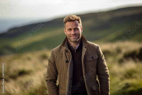 Portrait of a handsome man standing on a hill in the countryside