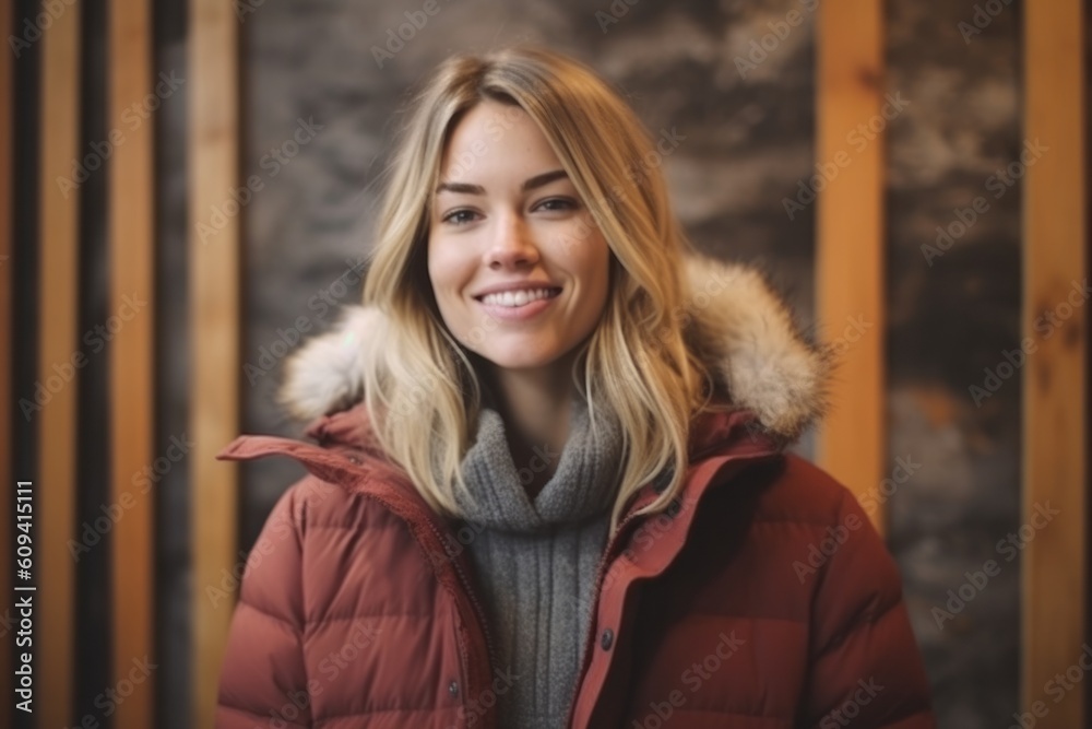 Portrait of smiling young woman in winter clothes standing against wooden wall Portrait of smiling young woman in winter clothes standing against wooden wall