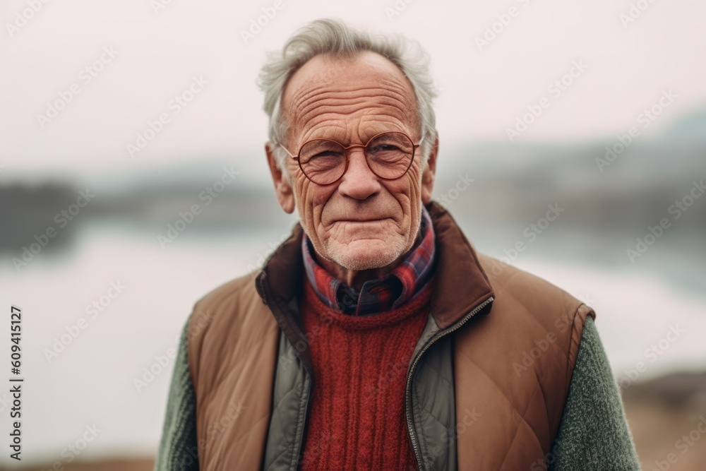 Portrait of a senior man in eyeglasses standing by the lake Portrait of a senior man in eyeglasses standing by the lake
