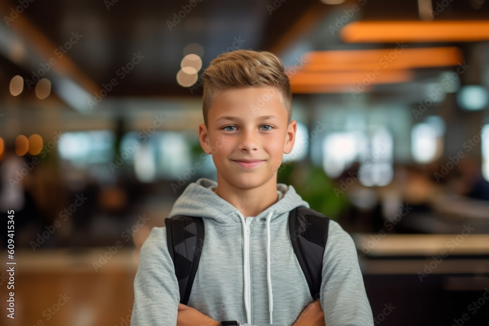 Portrait of smiling boy with backpack in cafe at the coffee shop Portrait of smiling boy with backpack in cafe at the coffee shop