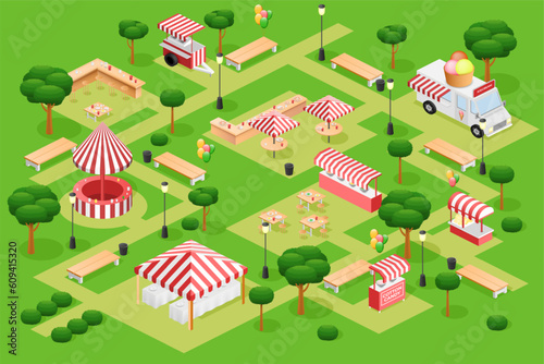 Marketplace map. Isometric food fair. 3D line market or shop town. Outdoor cafe court. Park area. Fastfood kiosks. Ice cream van. Bench and table with umbrella. Vector illustration