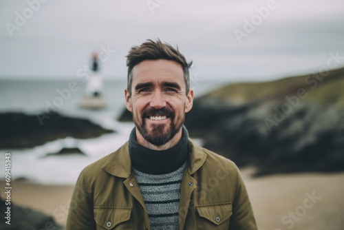 Portrait of a handsome bearded man in a green jacket standing on the beach with a lighthouse in the background