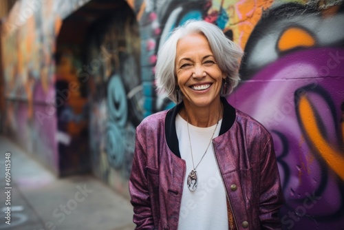 portrait of smiling senior woman in urban environment with graffiti on wall