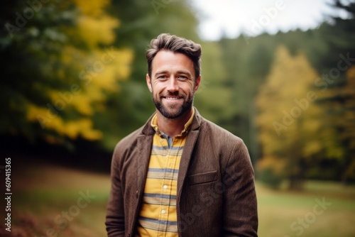 Portrait of a handsome young man smiling in the park on an autumn day