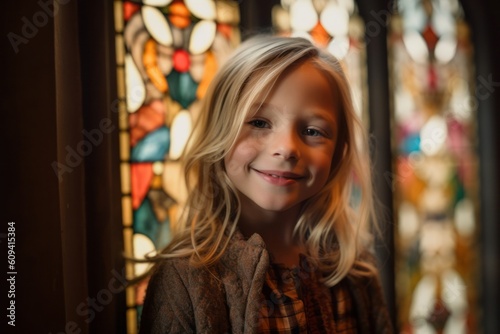 Portrait of a cute little girl with blond hair in the church