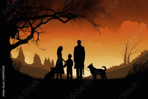 Couple with children and dog at sunset. Happy family outdoors. Created with Generative AI