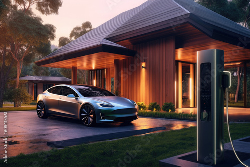 Electric car at charging station with plugged power cable. EV vehiclenear luxury house. Created with Generative AI © Lazy_Bear