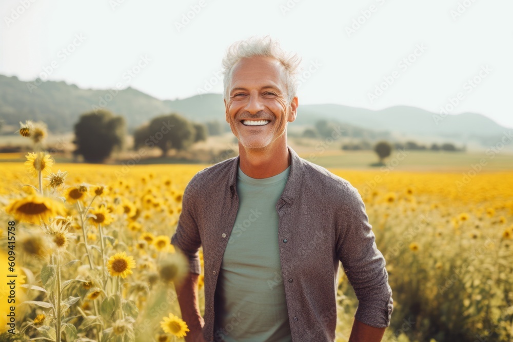 Portrait of smiling senior man standing in sunflower field in summer