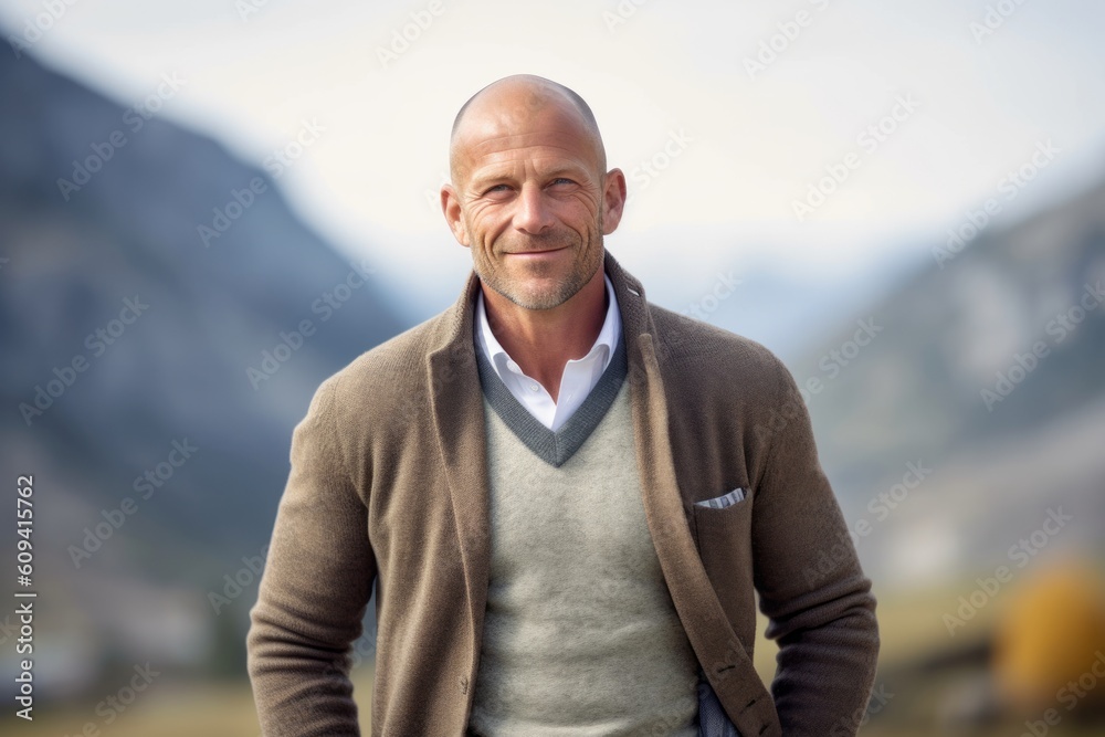 Portrait of a senior man standing with hands on hips against mountain landscape Portrait of a senior man standing with hands on hips against mountain landscape