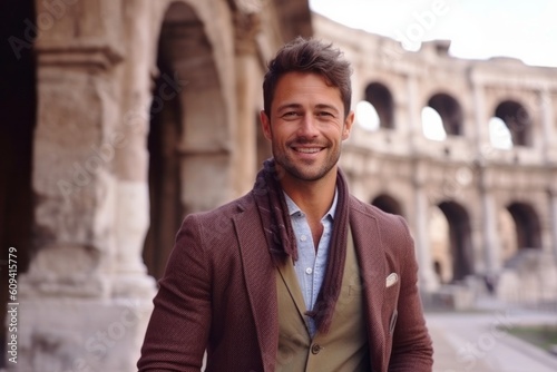 Portrait of a handsome young man in front of Colosseum in Rome, Italy