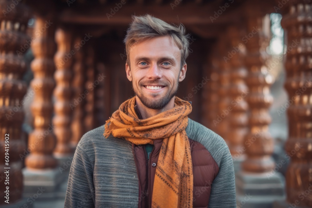 Medium shot portrait photography of a pleased man in his 30s that is wearing a cozy sweater against a temple or sacred site background . Generative AI