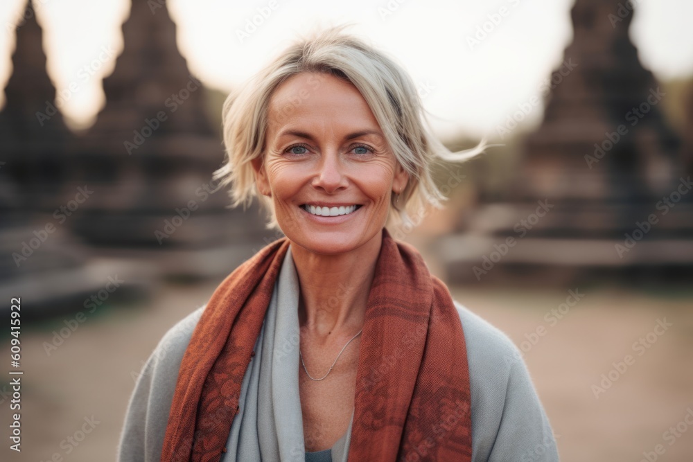 Close up portrait of smiling mature woman with brown scarf against temple background Close up portrait of smiling mature woman with brown scarf against temple background