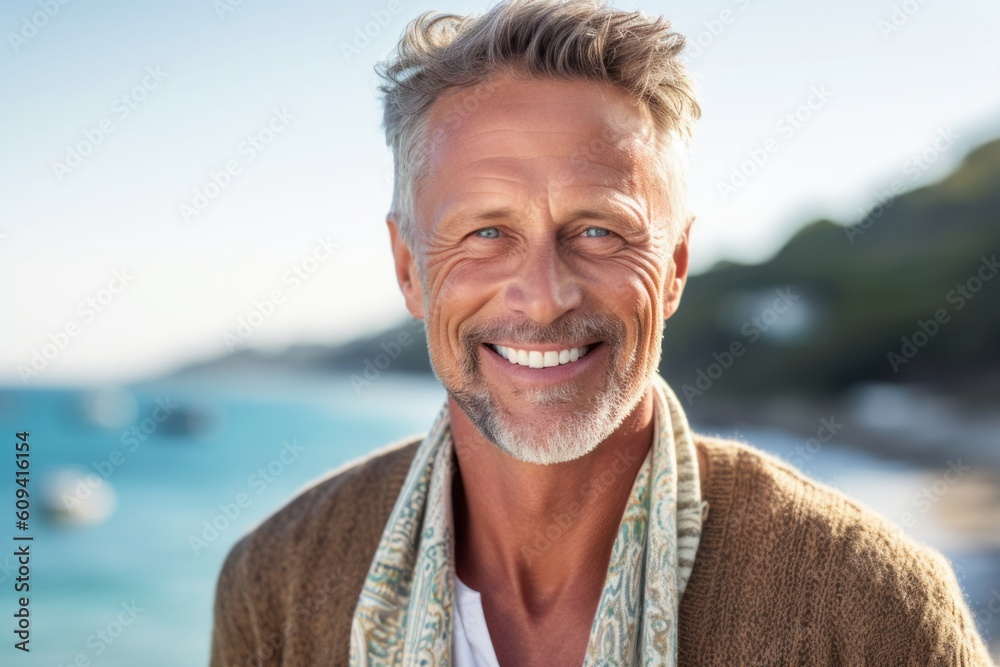 Portrait of smiling senior man standing on beach on a sunny day Portrait of smiling senior man standing on beach on a sunny day