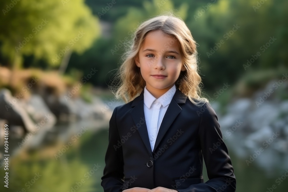 Portrait of a beautiful little girl in a business suit on the background of a river Portrait of a beautiful little girl in a business suit on the background of a river