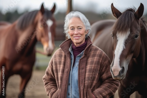 Medium shot portrait photography of a satisfied woman in her 60s that is wearing a cozy sweater against an equestrian or horse background . Generative AI