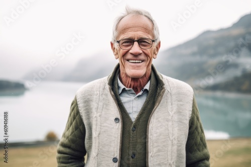 Senior man standing in front of a lake on a foggy day