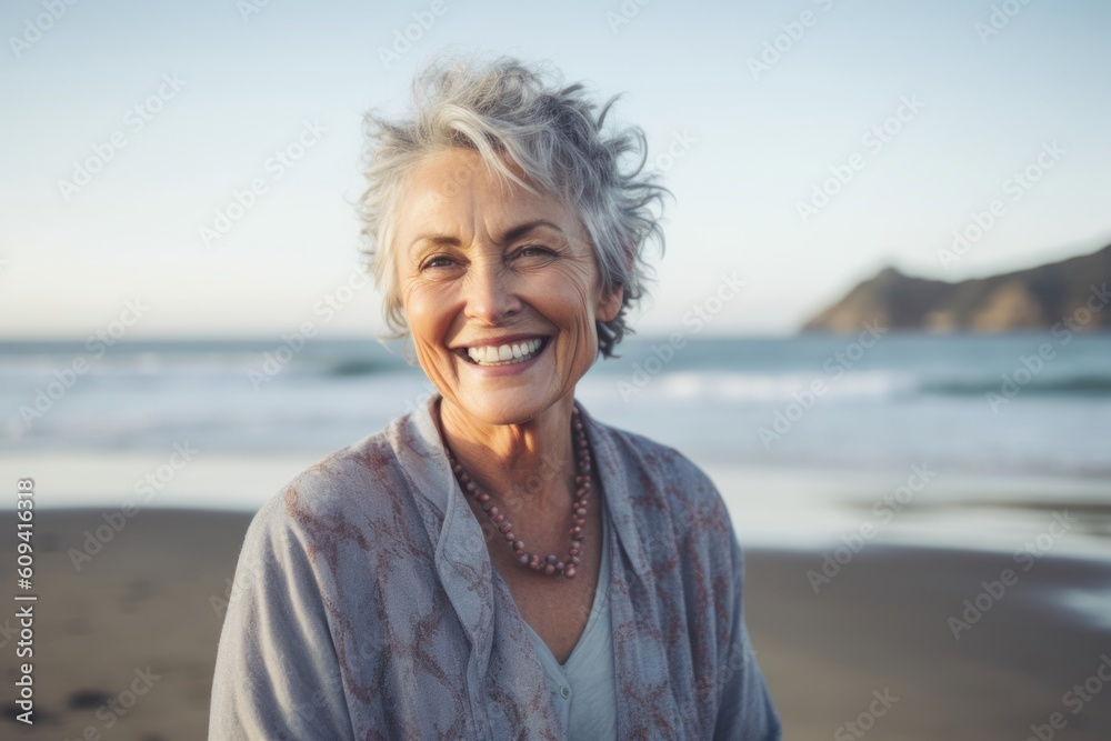 Portrait of smiling senior woman standing on beach on a sunny day Portrait of smiling senior woman standing on beach on a sunny day