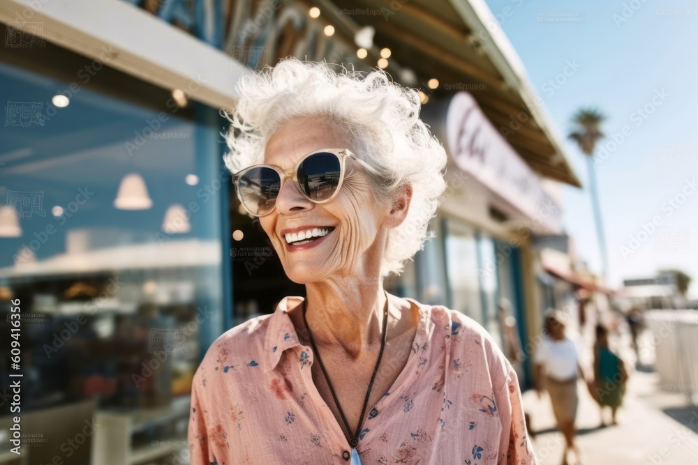 cheerful senior woman in sunglasses looking away at seaside resort cheerful senior woman in sunglasses looking away at seaside resort