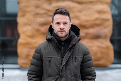 Portrait of a handsome man in a winter jacket looking at the camera