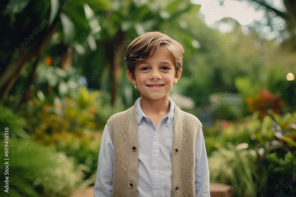 Portrait of a cute little boy standing in the garden and smiling Portrait of a cute little boy standing in the garden and smiling