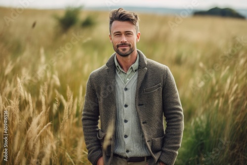 Portrait of a handsome young man standing in a wheat field.