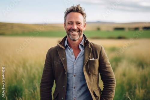 Portrait of a handsome man standing in a wheat field smiling at the camera