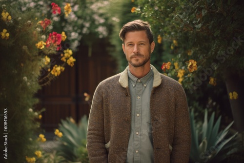 Handsome young man with a beard in a warm brown jacket in the garden