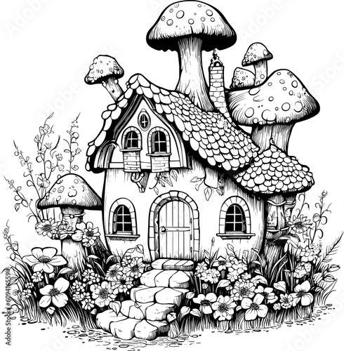 Mushroom Fairy House Line Art
