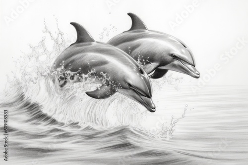 Photography Dolphins drawing, dolphins pencil drawing vintage. Generative Ai.