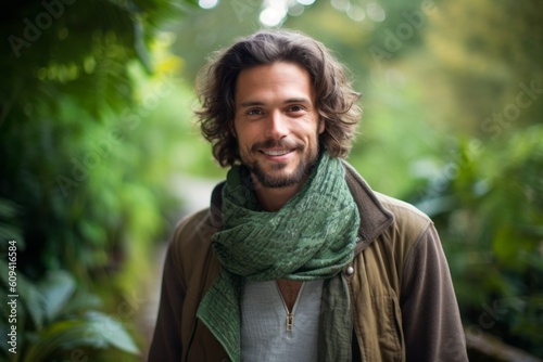 Portrait of handsome young man wearing scarf and coat in the garden