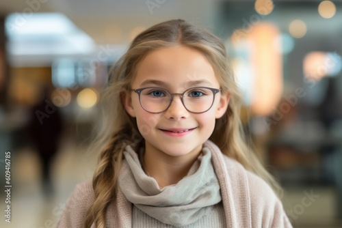 portrait of smiling little girl in eyeglasses at shopping mall
