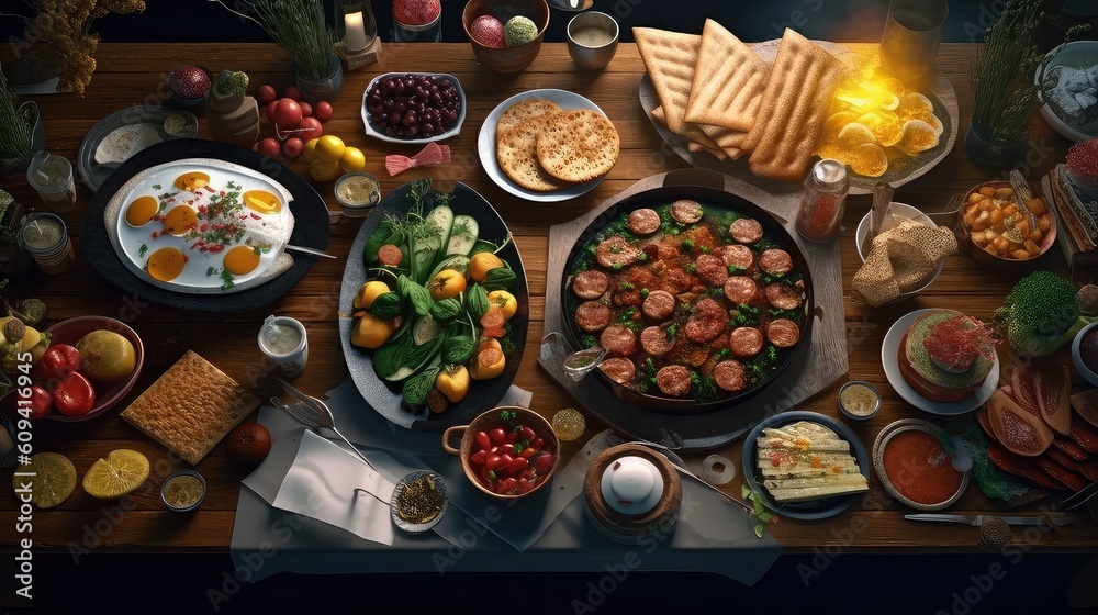 Top view of a Dinner Table full of Delicious dinner spread, abundant