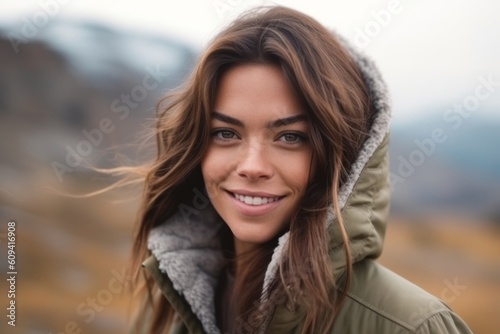Close up portrait of a beautiful young woman in winter jacket smiling outdoors