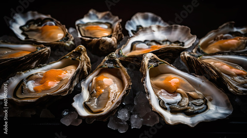 Fresh oysters on a black background. Close-up view. Generative AI