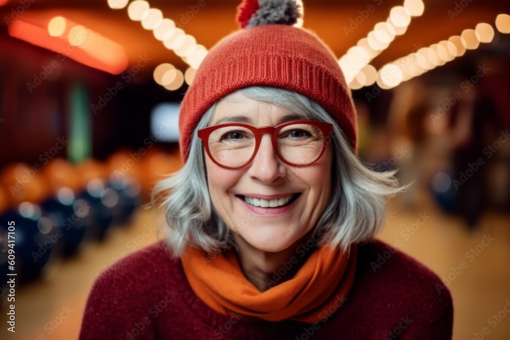Fototapeta premium Portrait of smiling senior woman wearing red hat and scarf in cafe
