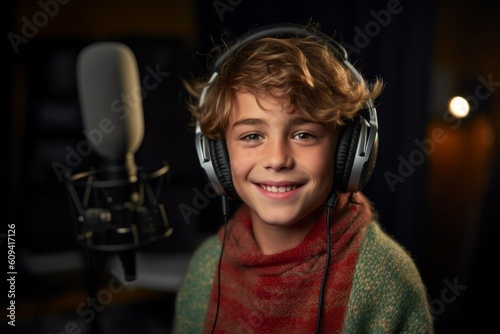 Portrait of a cute little boy with headphones and microphone at home