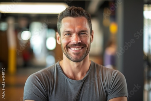 Portrait of smiling man standing in fitness center and looking at camera