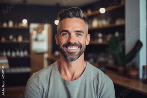 Portrait of smiling man standing in coffee shop and looking at camera