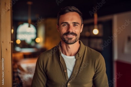 Portrait of handsome man looking at camera and smiling while sitting in cafe