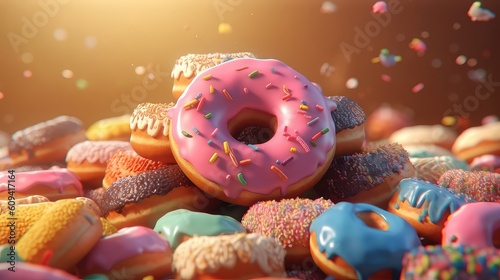 a large pic of pink sprinkled donut close view with rest of the of sweet donuts at the background