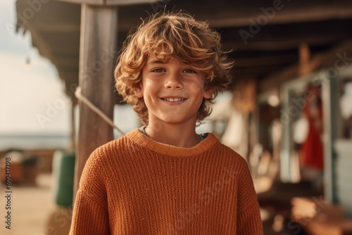 Medium shot portrait photography of a grinning child male that is wearing a cozy sweater against a surf shop or beach activity background . Generative AI