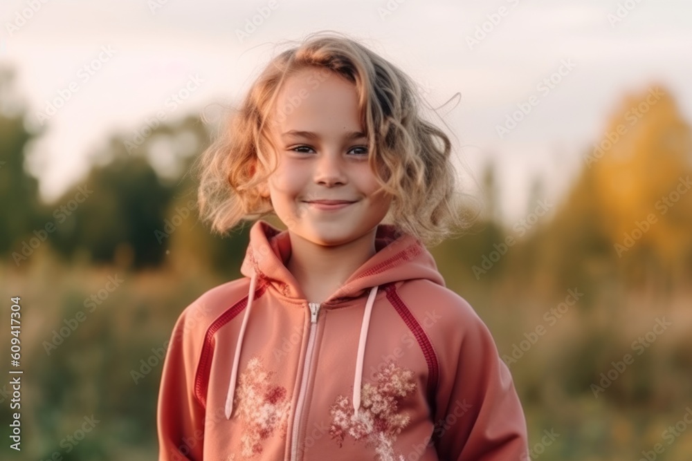 Portrait of a little girl in a pink hoodie on the background of the autumn forest. Portrait of a little girl in a pink hoodie on the background of the autumn forest.
