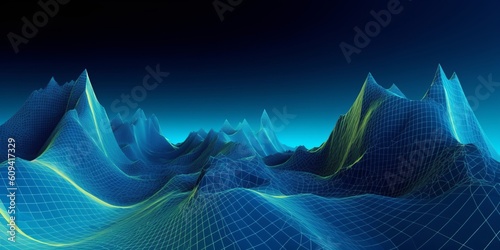 3d rendering, abstract blue background, virtual reality landscape with wireframe mountains. Cyber island, Generative AI