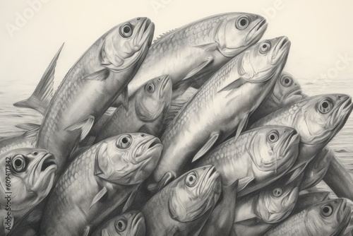 Sardine fish drawing, sardine fish pencil drawing vintage. Generative Ai..