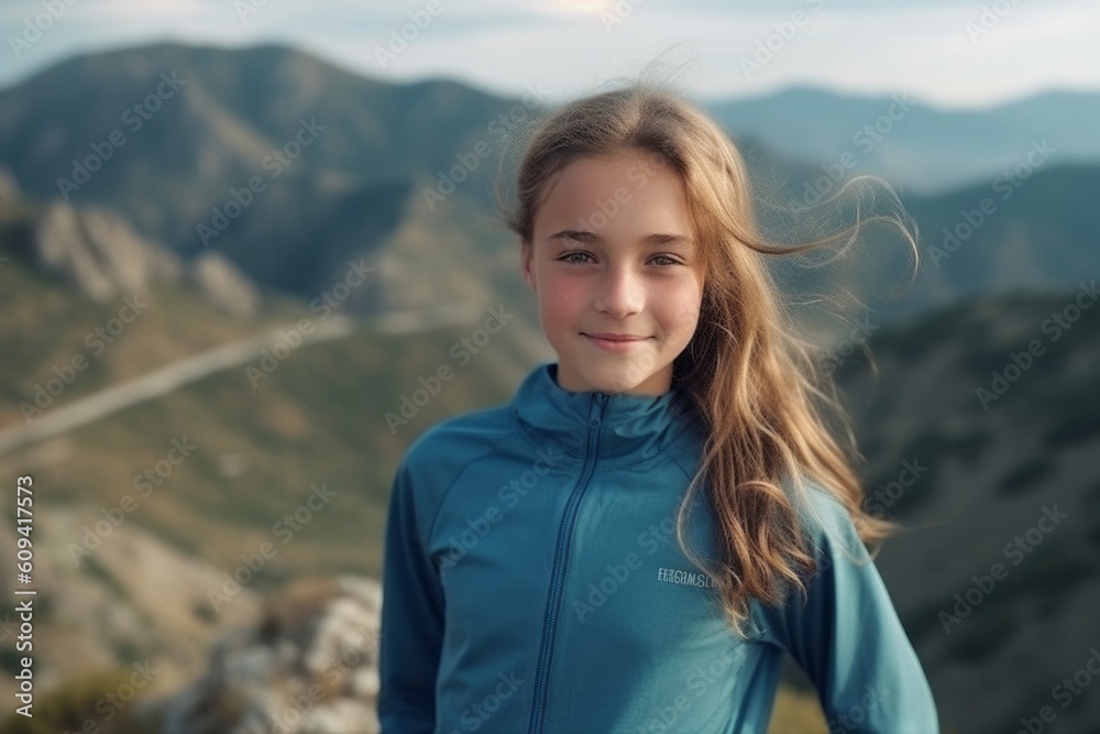 Portrait of a cute little girl with long hair on the background of mountains Portrait of a cute little girl with long hair on the background of mountains