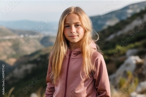Portrait of a beautiful little girl with blond hair on the background of mountains