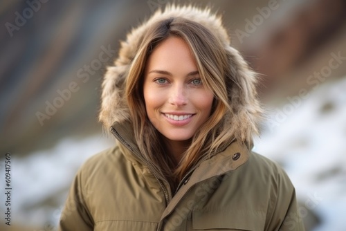 Medium shot portrait photography of a satisfied woman in her 30s that is wearing a warm parka against a mountain valley or canyon background . Generative AI
